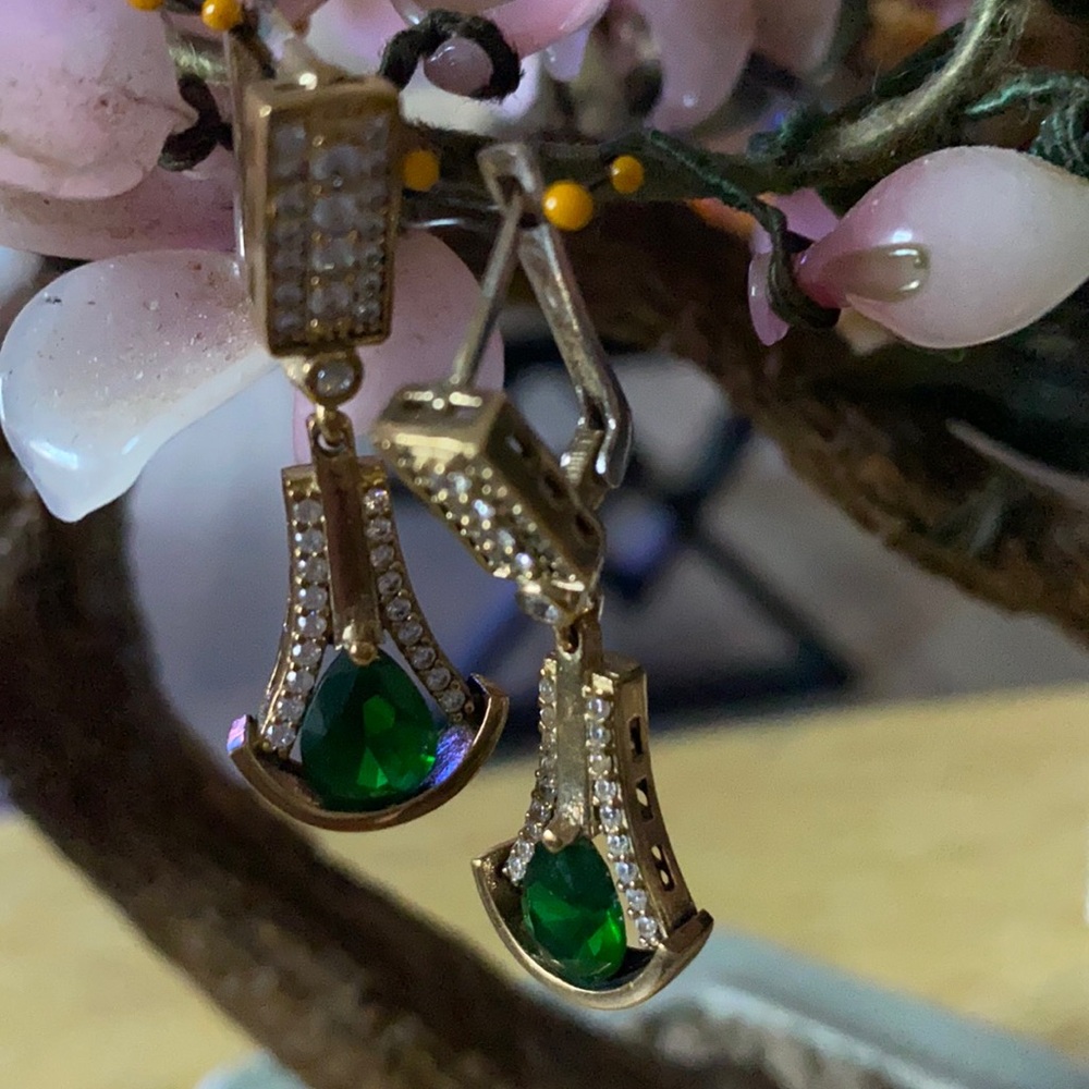 Vintage 925 natural emerald white sapphire earring